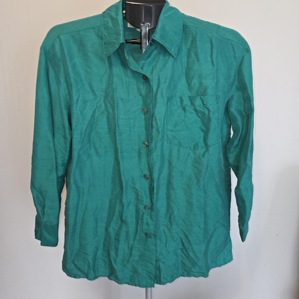 Vintage 90s Saks Fifth Avenue 100% Silk Emerald Button Down Blouse Size 4